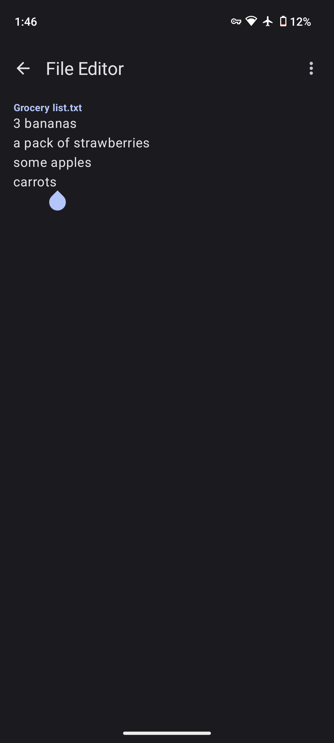 A screenshot of the BeauTyXT app which has a file opened named 'Grocery list.txt'.