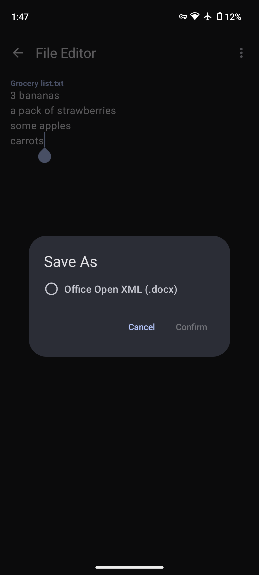 a screenshot of the BeauTyXT app which has a file opened named 'Grocery list.txt'. The save as dialog is open and
                                            displayed on top with an option to export the text file as a Office Open XML (.docx) file.